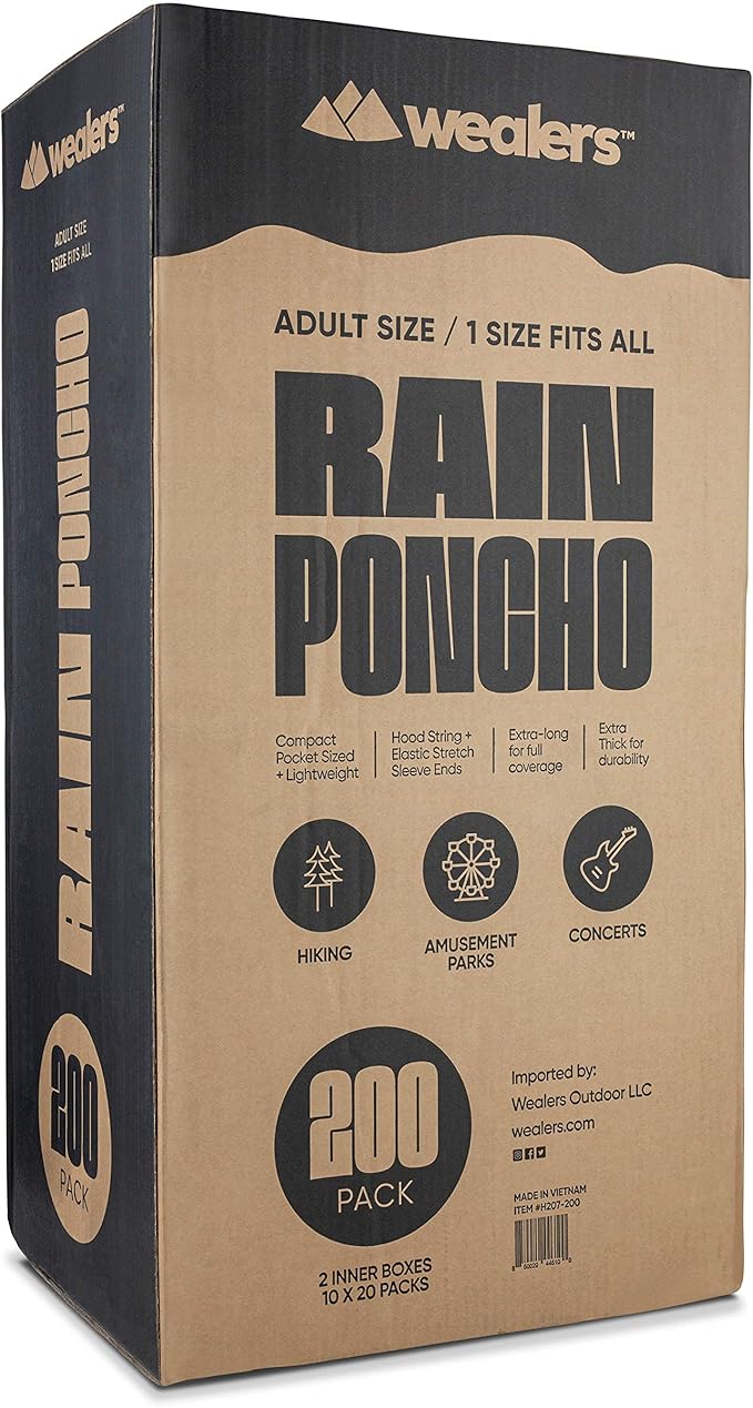 Wealers Rain Poncho Bulk Pack Disposable Ponchos Adults Emergency Raincoat Hood Strings Multi Colors