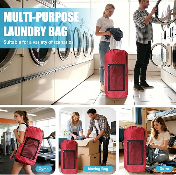 Olosar Laundry Bag Backpack, Extra Large Travel Laundry Bag with Mesh Pocket & Adjustable Shoulder Straps,Dirty Clothes Travel Bag for College Students Dorm,Apartment(Red)