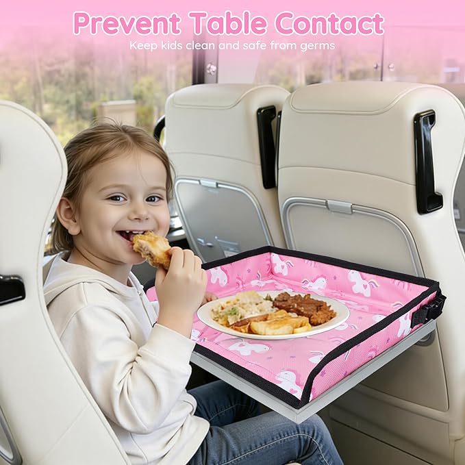 Kids Travel Tray Table Cover with Pockets – Airplane Essentials for Toddlers, Portable Activity Organizer for Plane, Train Car & Highchair, Machine Washable (Pink)