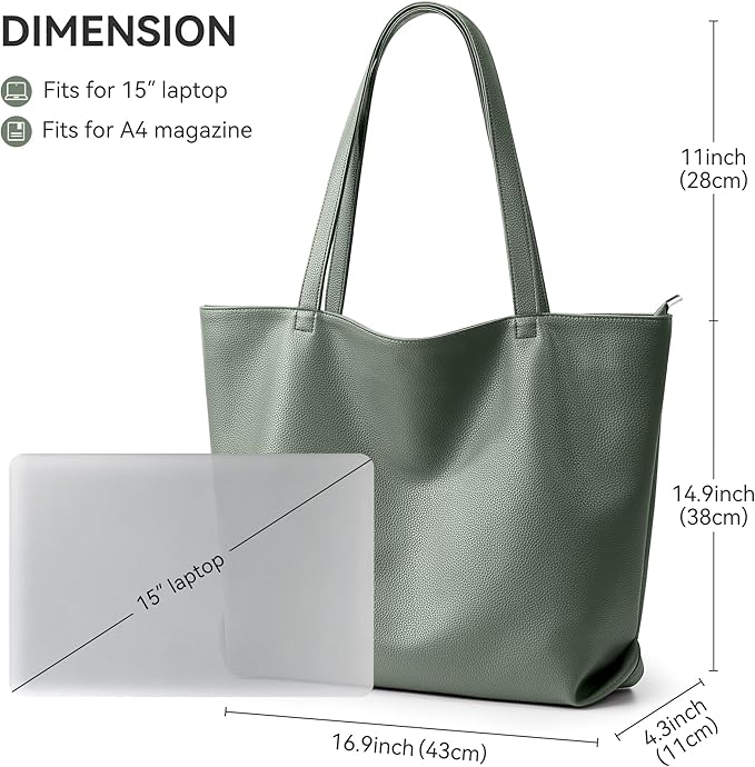 WLLWOO Soft Vegan Leather Tote Bag for Women Large Casual Hobo Handbags Zipper Shoulder Work Daily Weekender Travel Purse