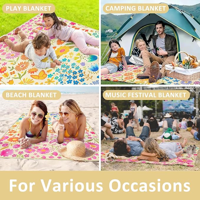 Floral Picnic Blankets Waterproof Foldable, 80″X80″ Extra Large Picnic Mat Boho Outdoor Blanket for Grass, Cute Packable Beach Blanket Sandproof Picnic Accessories for Camping Music Festival Park Lawn