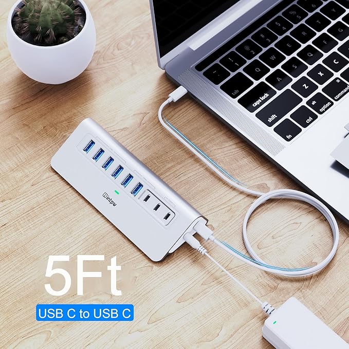 Powered USB Hub 10Gbps, intpw YH6AC 9-Port USB 3.2 /USB C Hub with USB A/USB C 3.2, 4 USB 3.0, 2 PD 45W Charging Port, 65W Power Adapter + 5FT Cable, Aluminum USB Hub for PC, iPhone 17/16/15/Laptop
