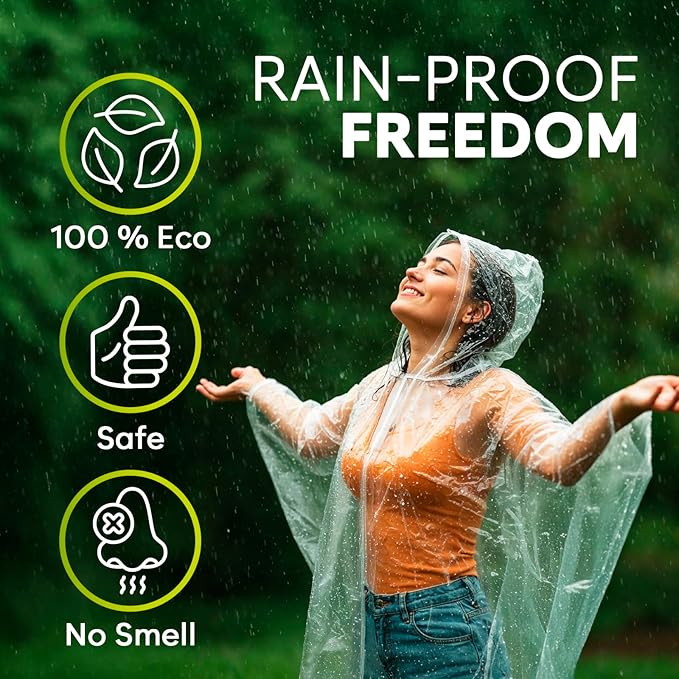 ZENO Disposable Rain Ponchos for Adults - Clear with Hood, Compact Emergency Ponchos for Hiking, Camping, Travel