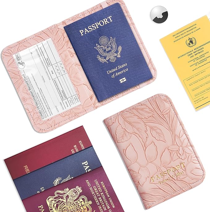 lizimandu Passport Holder with Airtag Slot, Airtag Passport Wallet for Men Women, Slim Leather Passport Holder Case Family for Travel Anti-Lost(1-Carved Pink)