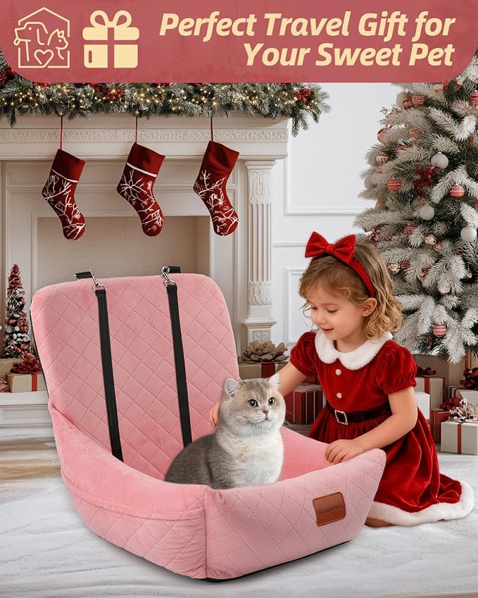 WOOAIDAGG Dog Car Seat for Small Dogs Up to 25lbs,Soft Washable Fabric Fill in Memory Foam,Easy to Assemble with 2 Clip-On Safety Leashes and Storage Pockets,Front or Back Seat are Both OK (Pink)