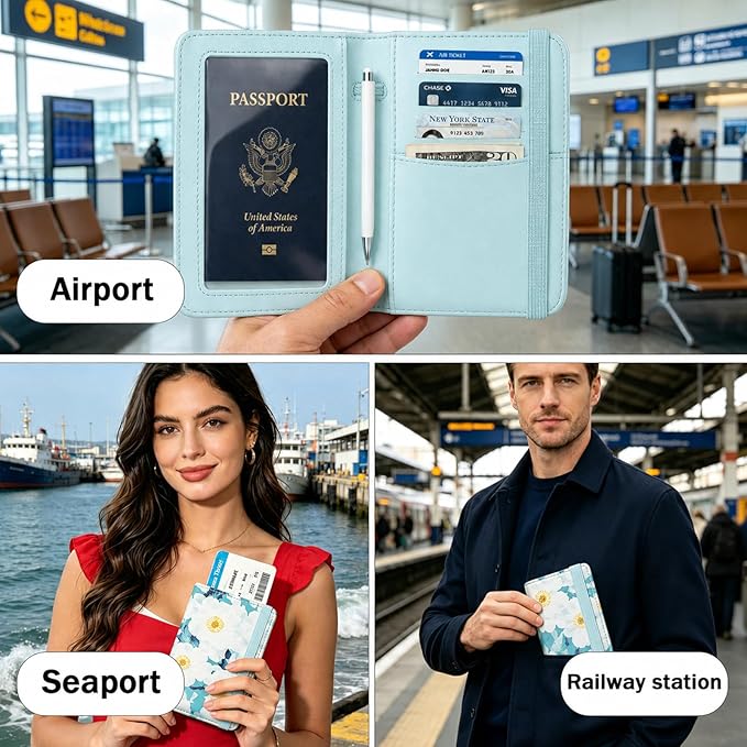 ZOPPEN RFID Blocking Passport Holder for Travel – PU Leather Waterproof Lightweight Passport Cover Wallet for Women Men, Travel Organizer with Card Slots for Airline Tickets & Passport Book, Flower A