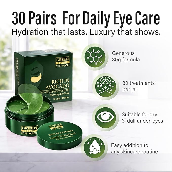 Avocado Collagen Eye Patches – Hydrating Under Eye Masks (30 Pairs) – Brightening, Anti-Puffiness, Dark Circles & Fine Lines – Green Hydrogel Eye Mask for Women & Men