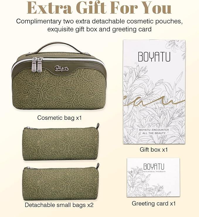 BOYATU Travel Makeup Bags Cosmetic Organizer Bag: 3 Pcs Set Large Capacity Make up Bag with Compartments - Waterproof Leather Toiletry Bags with Handle for Women (A-Green)