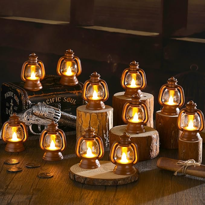 Ferraycle 12 Pcs Mini Lantern Decor 4 Inch Western Lantern Table Centerpiece Small Vintage Camping Hanging Lamp Ornaments Bulk for Cowboy Cowgirl Wedding Halloween Christmas (4 Inch,Brown)