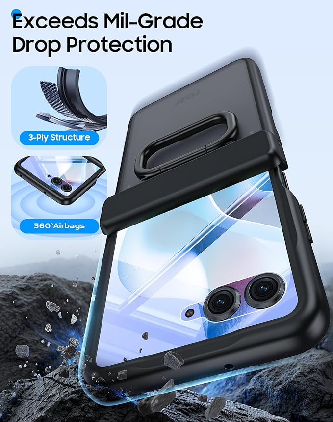 for Motorola Razr Ultra 2026 Case/Razr Ultra 2025 Case with Ring Holder,Hinge Protection, Screen Protector, Translucent Frosted Shockproof Slim Cover for Razr Ultra 2026/2025 -Black