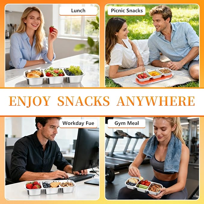 2Pack Reusable Stainless Steel Snack Containers with Leakproof Lids 3 Compartment, Stackable Metal Food Storage Lunch Boxes for Adults, Meal Prep, Travel, Office (2)