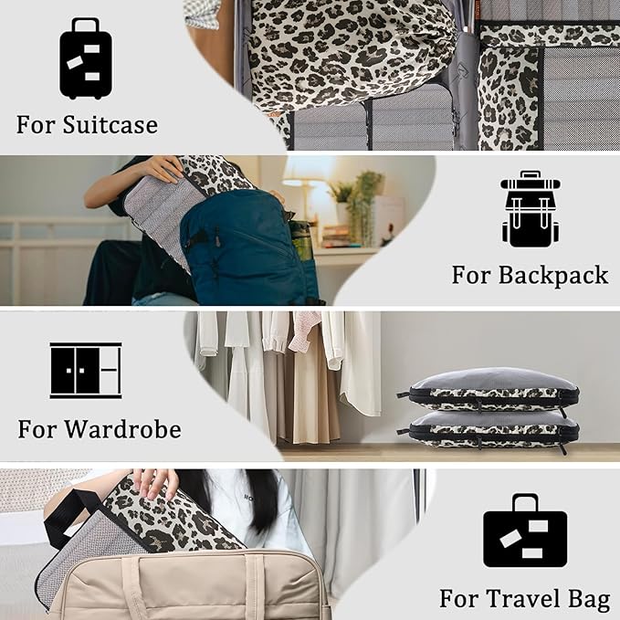 U+U 6 Set Compression Packing Cubes - Travel Organizers with Laundry Bag, Space-Saving Suitcase Organizer, Expandable Packing Organizers for Travel Essentials (Leopard)