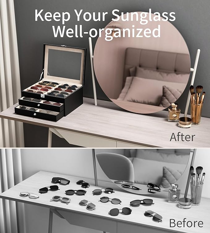 NEWLOOP 10/30 Slots Sunglass Organizer for Multiple Pairs of Eyeglass See-through Display Case Storage Box for Women Men