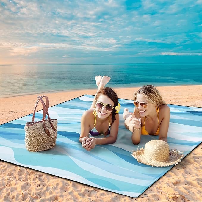 HIHOHO Beach Blanket Waterproof Sandproof Beach Mat for 1-8 Adults Quick Drying Durable Outdoor Picnic Mat for Beach Festival Travel Camping Hiking (Ocean Wave-Multi Blue, 79"×83"(4 Person))