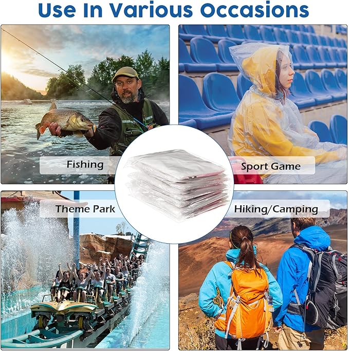 Berlune 50 Pcs Disposable Rain Ponchos for Adults Thick Disposable Ponchos Bulk with Hood Emergency Raincoats for Camping Themed Park, Clear
