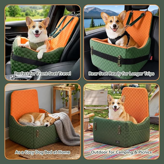 PETSFIT Dog Car Seat for Small/Medium Dogs Up to 35 lbs โ Patented Safety System, 5" Memory Foam Pet Car Seat, Fully Detachable and Washable Cover, Front/Back Seat Travel Booster (Green & Orange)