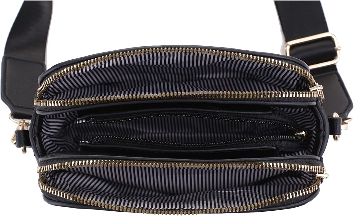 EVVE Crossbody Bags for Women Trendy Triple Zip Small Crossbody Camera Bag Purse with Wide Guitar Strap