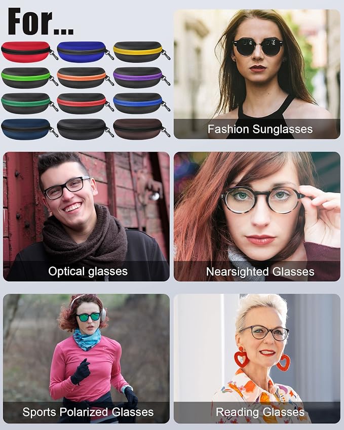 Weewooday 12 Pack Zipper Shell Sunglasses Case Hard Shell Eyeglasses Case Portable Travel Glasses Case for Men Women