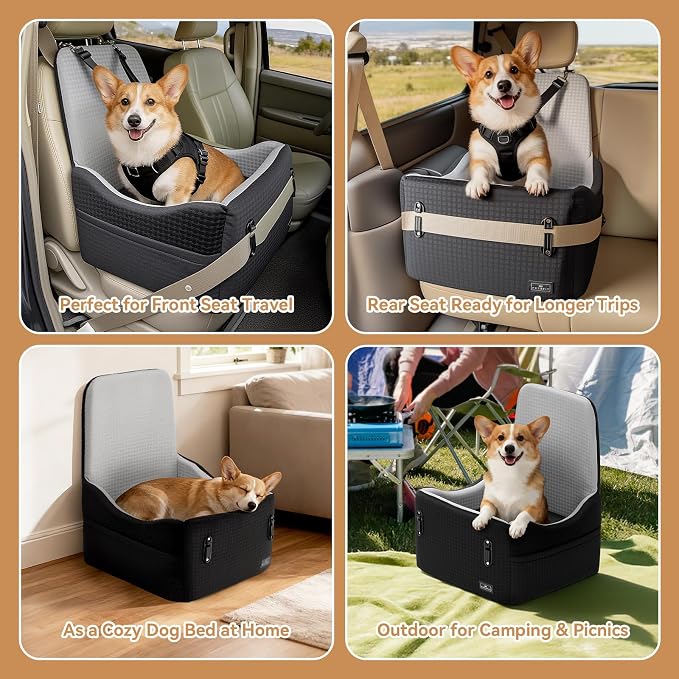 PETSFIT Dog Car Seat for Small/Medium Dogs Up to 35 lbs โ Patented Safety System, 5" Memory Foam Pet Booster Car Seat, Fully Detachable and Washable Dog Carseat with 2 Storage Pockets (Black & Grey)