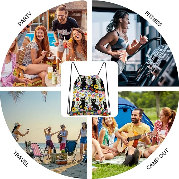 Drawstring Backpack Draw String Sports Bags for Gym Travel Beach Waterproof Cute Sackpack Men Women (13"×17")-Flower Cat
