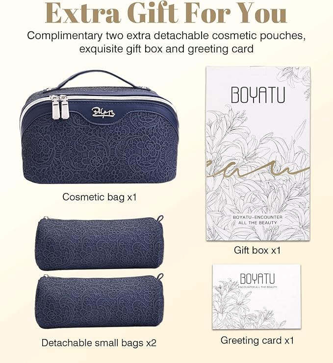 BOYATU Travel Makeup Bags Cosmetic Organizer Bag: 3 Pcs Set Large Capacity Make up Bag with Compartments - Waterproof Leather Toiletry Bags with Handle for Women (A-Dard Blue)