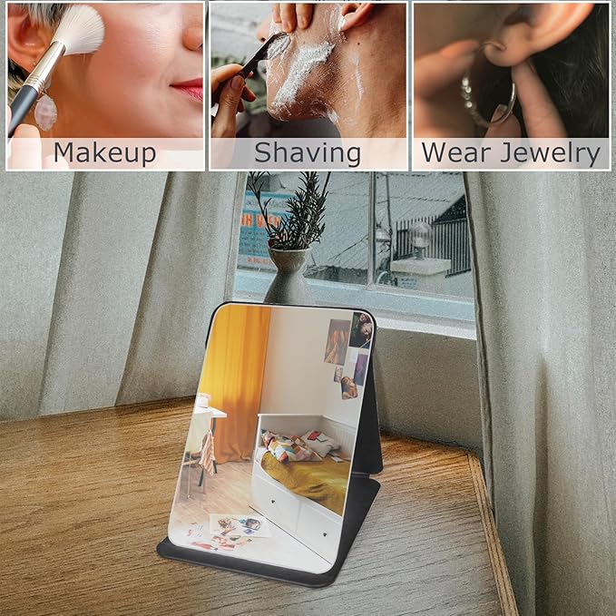 Makeup Mirror, 4x6 Inches Portable PU Leather Mirror, Folding Desktop Vanity Mirror with Adjustable Stand for Vanity Table, Office, Travel (S, Black)