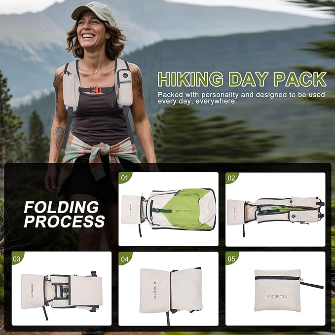 FIORETTO 10L Hiking Backpack for Women Men Mini Packable Backpack Lightweight Small Daypack for Camping Travel Outdoor, Beige and Green