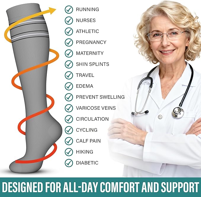 Acture 6 Pack Compression Socks for Women and Men - Knee High for Medical, Running, Nurses, Travel