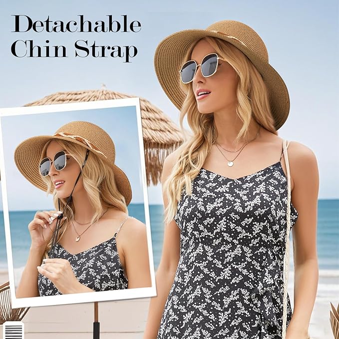 Beach Hat for Women, Wide Brim Sun Straw Hats for Women, Sun Hat Womens UPF 50+ UV Protection, Floppy Foldable Summer Hats