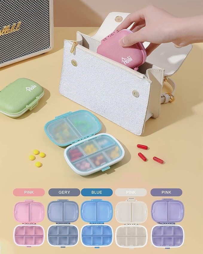 Holii Travel Pill Organizer, 8 Compartments Portable Pill Case, Daily Pill Box to Hold Vitamins, Small Pill Container for Pocket Purse Medicine Organizer(Purple)