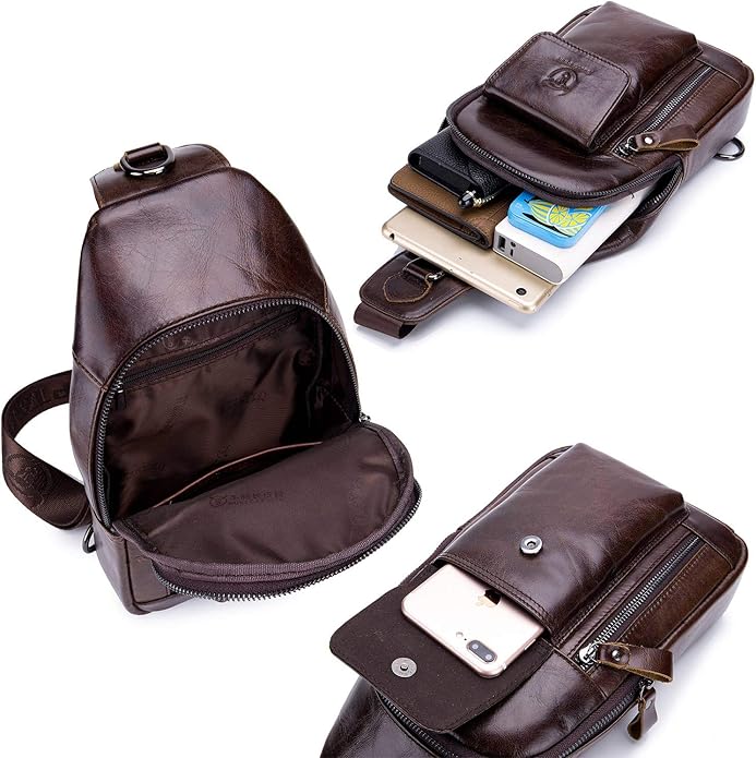 BULLCAPTAIN Mens Leather Crossbody Bag Shoulder Sling Bag Casual Daypacks Chest Bags for Travel Hiking Backpacks