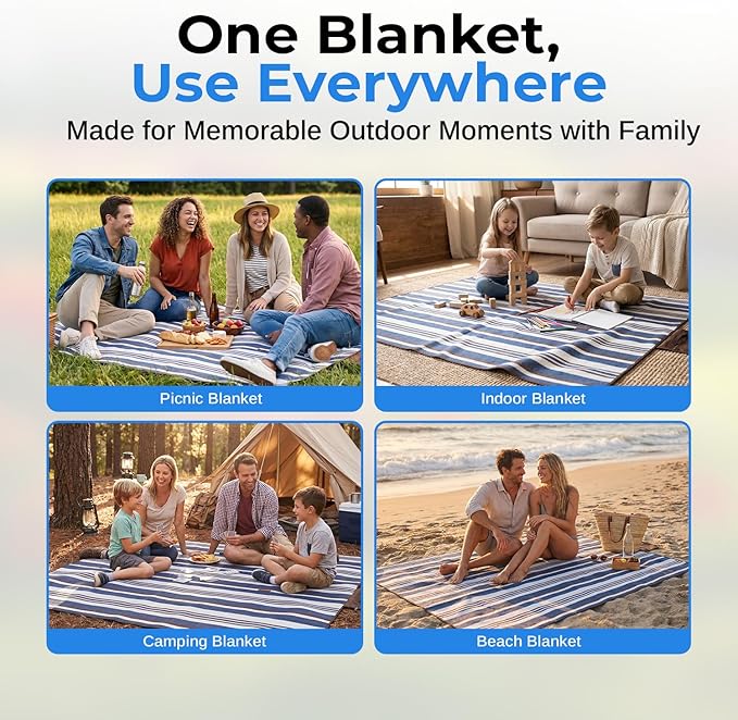 scuddles 60" x 80" Extra Large Outdoor Picnic Blanket – Waterproof, Foldable Travel Mat for Beach, Camping, Grass, Lawn, Park – Dual Layer, Sand-Free, Soft Throw Rug Fits 4 Adults, Summer Accessories