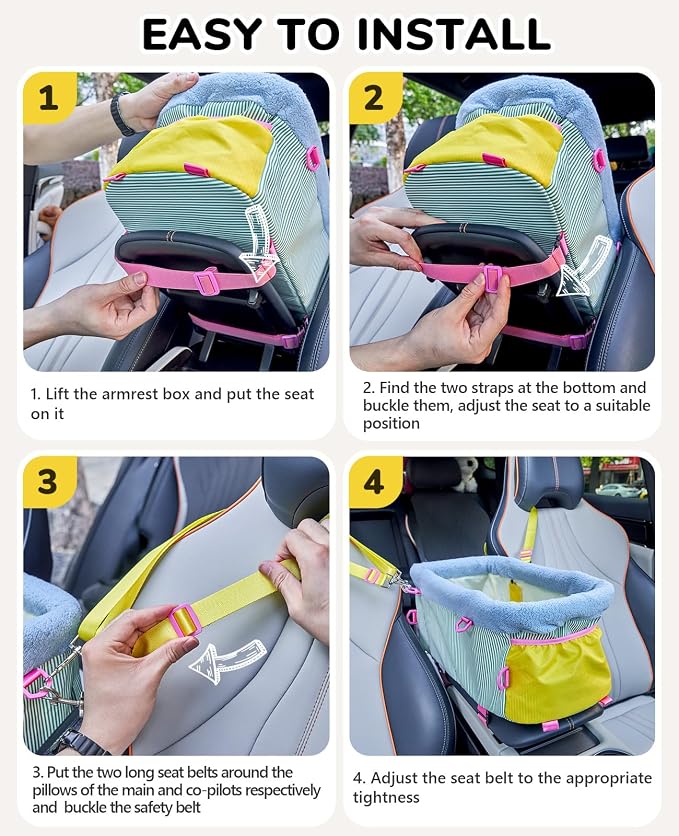 BurgeonNest Center Console Dog Car Seat, Puppy Carseat for Small Dogs, Cat Car Seat with Metal Frame and Double Protection Seat Belts, Pet Booster Seat with Washable Cushion and Clip-on Leash