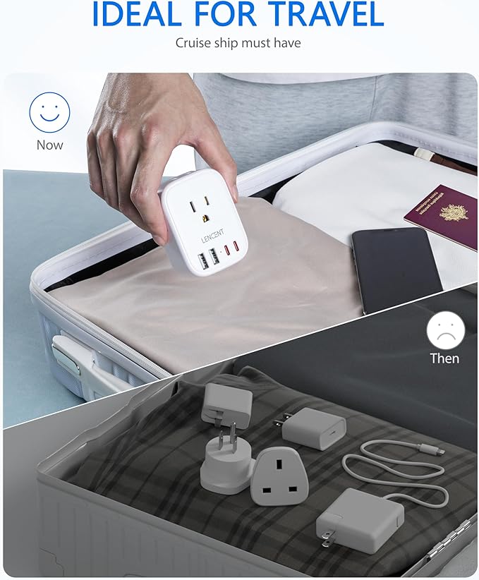 LENCENT US to India Power Plug Adapter, Indian Travel Adaptor with 4 Outlets, 4 USB Ports(2 USB C), Type D Plug Converter for USA to India Nepal Bangladesh Maldives Pakistan, Safe Grounded