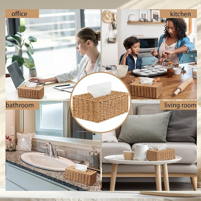 Tissue Box Cover Rectangle Natural Paper Rope Hand Woven Tissue Box Holder for Bathroom Living Room Bedroom Kitchen Table Desk Office Farmhouse Home Decor (Natural)