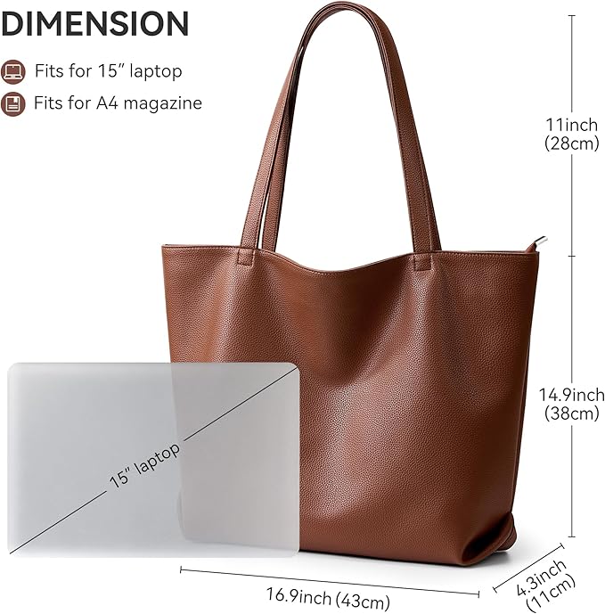 WLLWOO Soft Vegan Leather Tote Bag for Women Large Casual Hobo Handbags Zipper Shoulder Work Daily Weekender Travel Purse