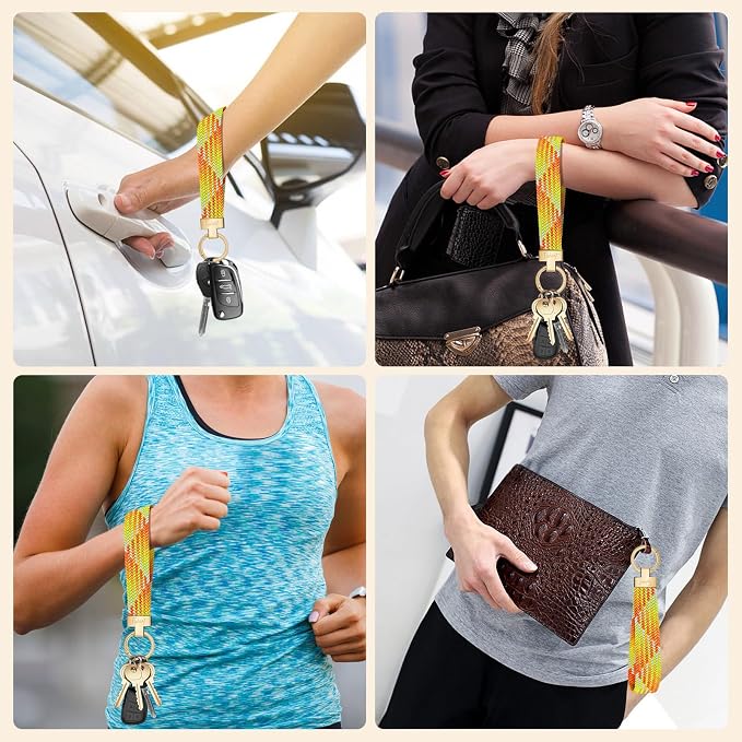 Fishent Stretchy Wristlet Keychain, Cute Key Chain, Woven Wrist Lanyard for Car Keys with 3 Keyrings and D-ring for Women Men