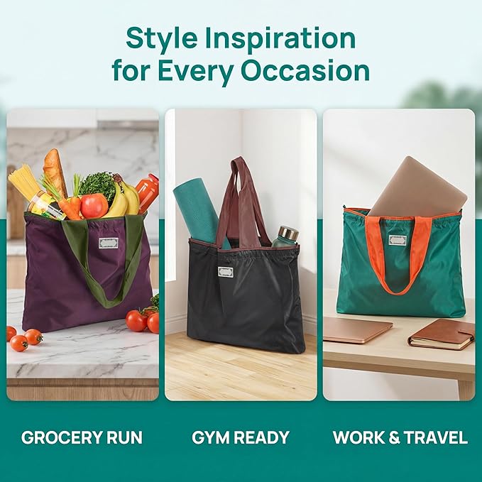 Covzoe 4 Pack Reusable Shopping Bags, Foldable Grocery Bags with Handles, Large Lightweight Tote Bag Fits in Pocket, Washable Beach Bag for Kitchen Travel Shopping, Drawstring Closure