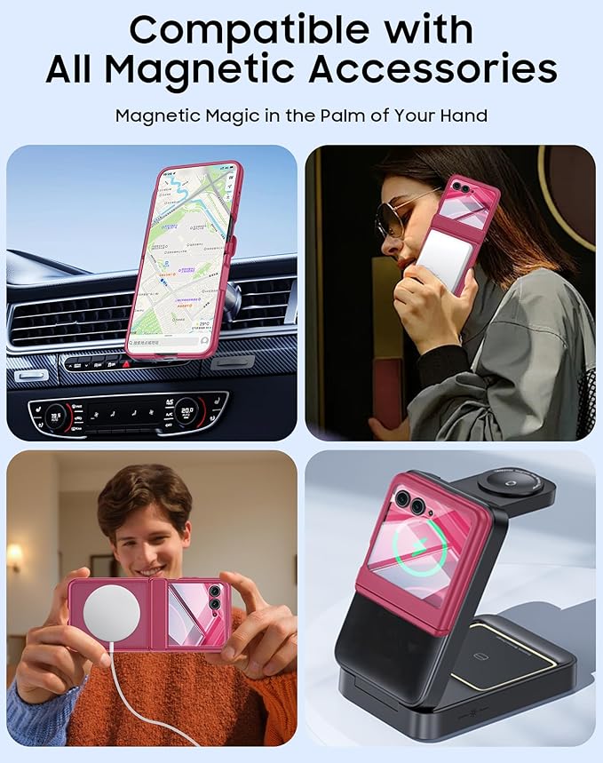 Magnetic for Motorola Razr 2025 Case/Razr 2024 Case,Hinge Protection, Screen Protector, Compatible with MagSafe, Translucent Frosted, Shockproof Slim Cover for Razr 2025/2024-Rose Red