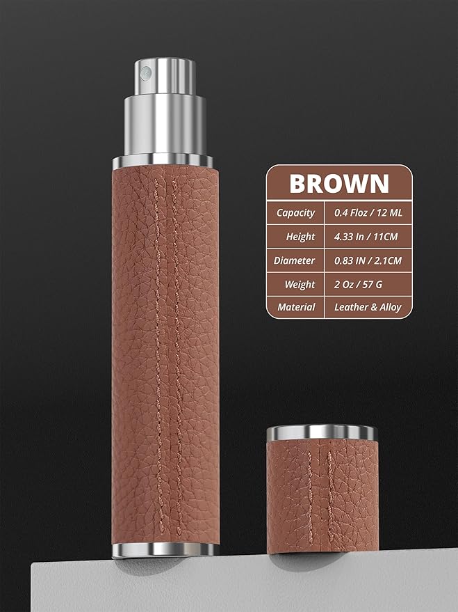 12ml Genuine Leather Perfume Atomizer Refillable, Portable Mini Cologne Sprayer with Magnetic Cap & 3 Refill Tools, Luxury Travel Size Fragrance Spray Bottle for Men & Women (Browm)
