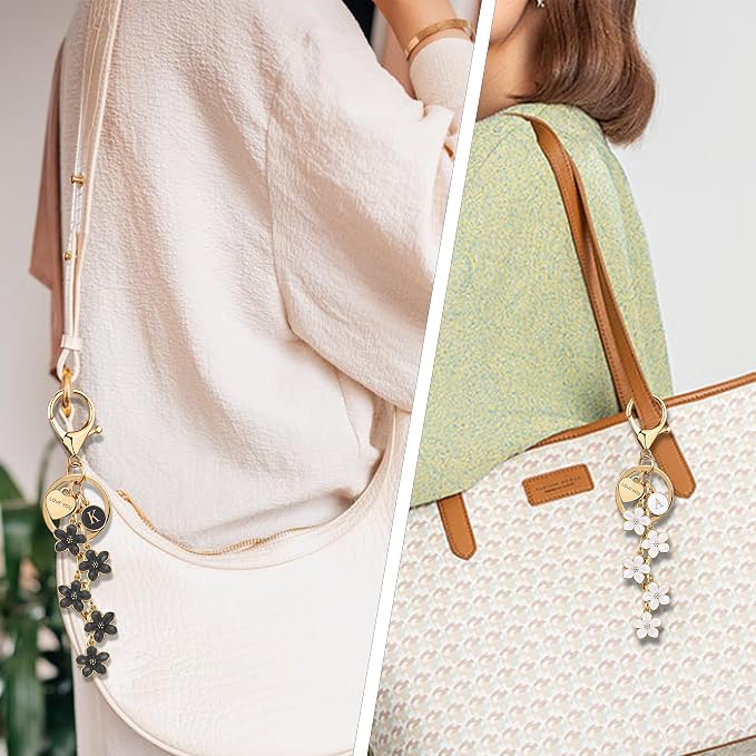 Suweibuke Cute Initial Letter Keychain with Love You Heart, Enamel Flower Charm for Key Handbag Backpack - Women Girls Gifts