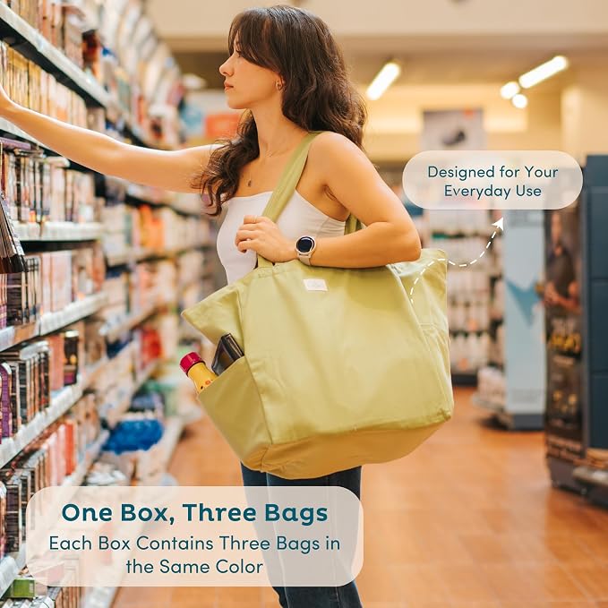 Nook Theory 3-Pack Reusable Grocery Bags - Heavy Duty, Large 12 Oz Cotton Canvas Reusable Shopping Bags With Pockets, 100% Cotton Cloth Grocery Totes, Foldable Multi Compartment (Black)