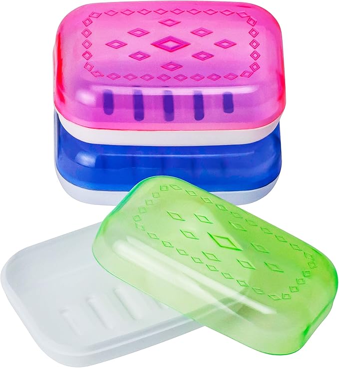 DecorRack 3 Multicolor Plastic Soap Holder with Draining Holes, Decorative Soap Cases, Unique Design to Store and Dry Bar Soaps, Travel Size Case for Bathroom, Kitchen, Gym, Outdoor, (Set of 3)