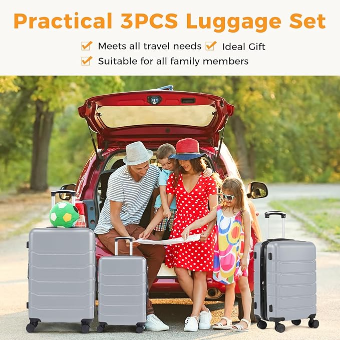NEWBULIG 3 Piece Luggage Set, Expandable Hard Shell Lightweight Rolling Suitcases with Smooth Spinner Wheels and TSA Lock, Travel Luggage for Business and Holiday Use, 20/24/28 Inch, Light Grey