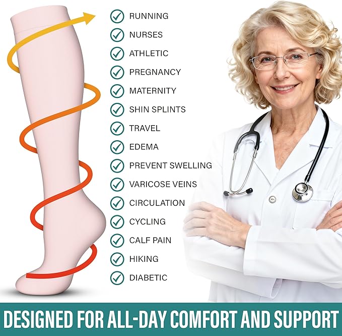 Acture 6 Pack Compression Socks for Women and Men - Knee High for Medical, Running, Nurses, Travel