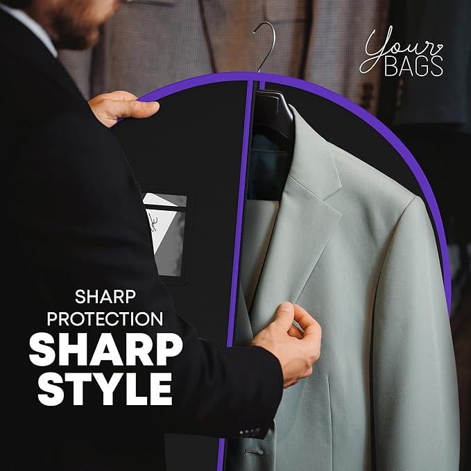 Your Bags Travel Garment Bag – Durable Zippered Single Suit Bag for Storage – Water-Resistant Clothes Cover - Hanging Garment Bags for Travel with ID Pocket – 40" x 24" - Black & Purple (Pack of 1)