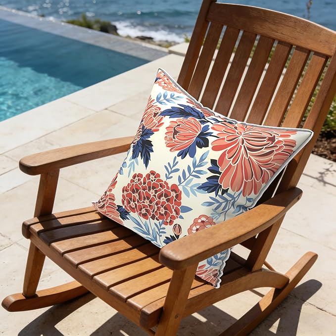 LVTXIII Set of 2 Patio Throw Pillows Waterproof 16"x16" Fade Resistant Outdoor Throw Pillows with Inserts, Fluffy Garden Toss Pillow Cushions for Patio Sofa Use,Red Chrysanthemum