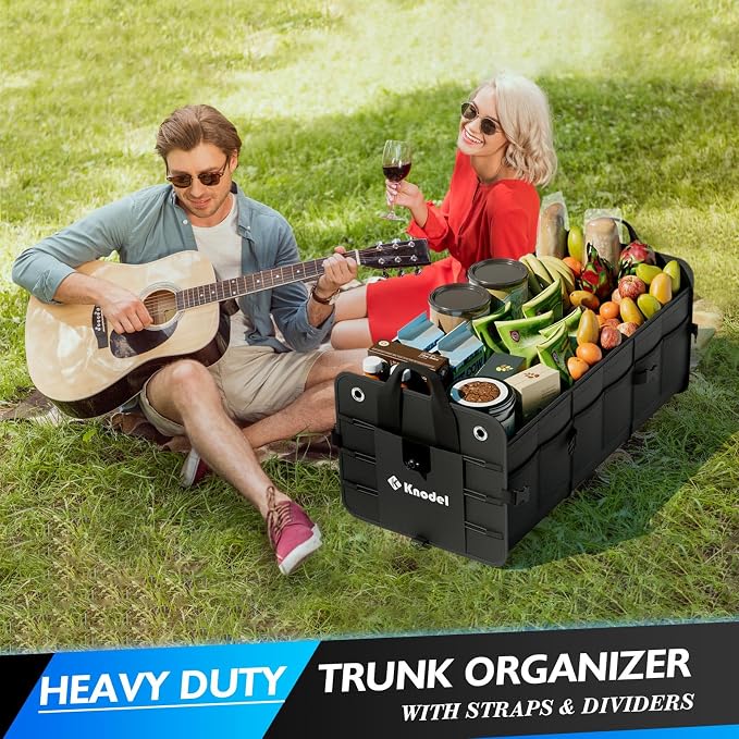 K KNODEL Car Trunk Organizer, Foldable Cover, Heavy Duty Collapsible Truck Storage Organizer, Car Cargo Trunk Organizer with Lid, 3 Compartments, with Straps (Black)