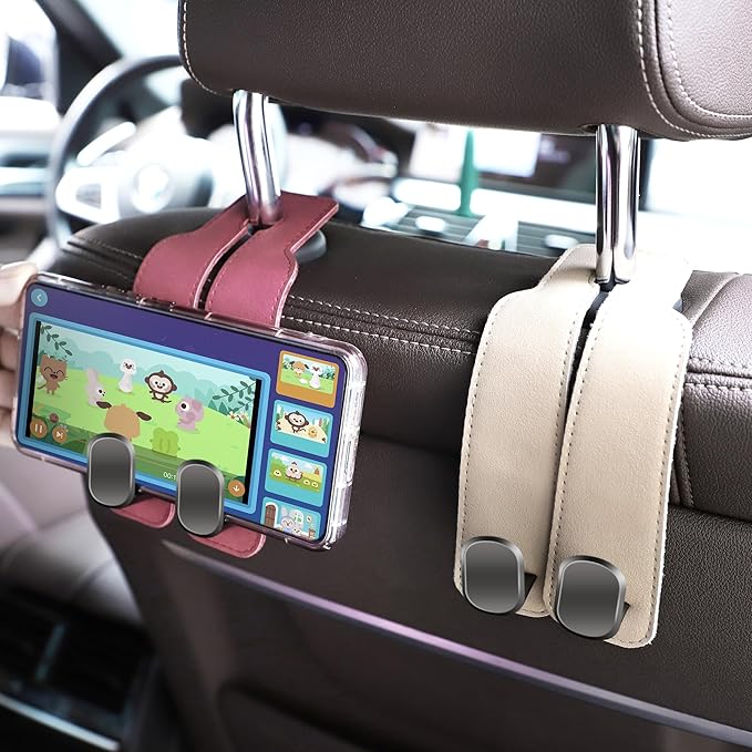 Amelity Universal Car Headrest Hooks, Women’s Car Interior Accessories for Purses Handbags Grocery & Backpacks, Beige 2 Pack