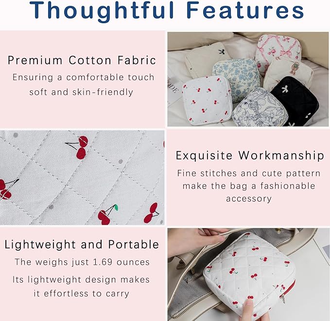 Small Quilted Cotton Makeup Bag for Purse, Cosmetic Bag with Compartments, Cotton Aesthetic Makeup Bag, Travel Toiletry Pouch, Key Pocket Lipstick Bag Card Holder Data Cable Organizer(07Cherry)